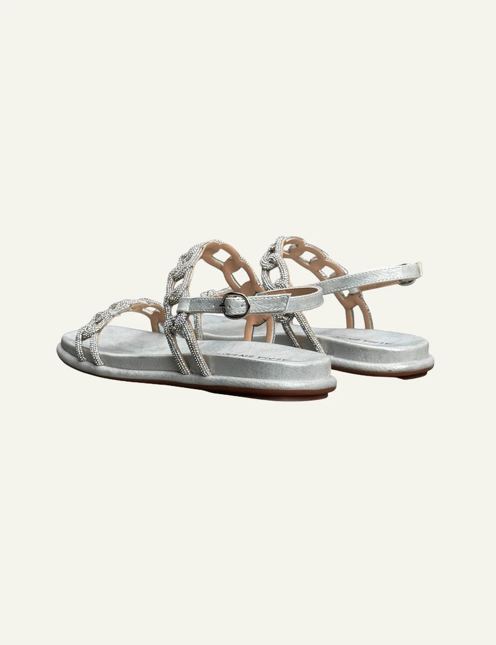 Alma En Pena silver flat sandals strass chain straps ankle buckle back view