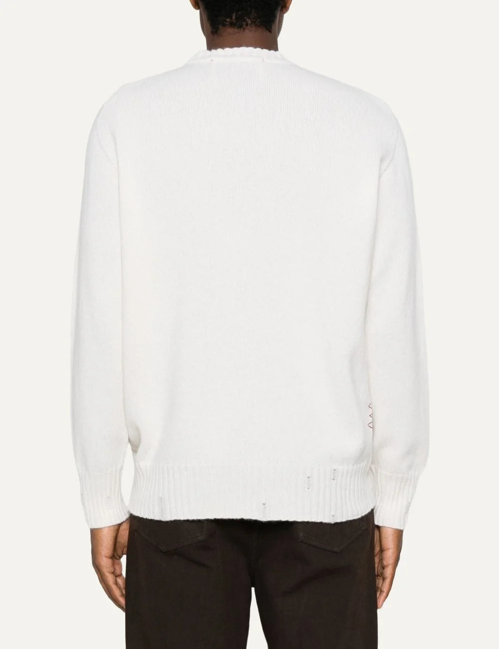 Men's Amaranto cream white wool and cashmere crew neck sweater with subtle distressed details and ribbed cuffs, back view