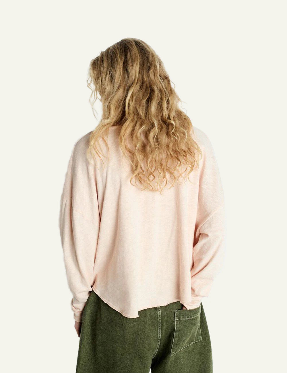 american vintage long sleeve top pink v-neck relaxed fit back view
