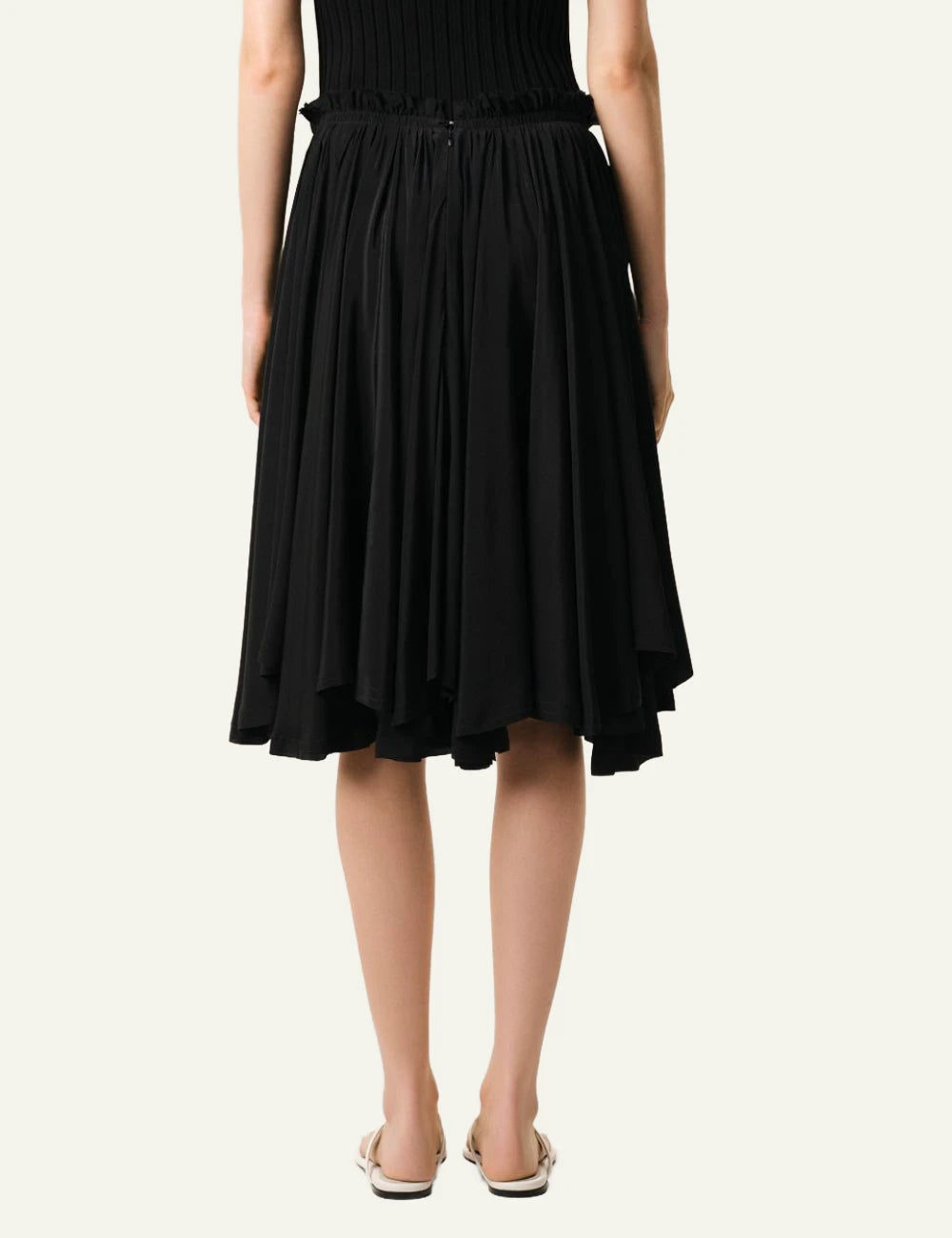 ami paris black corolla midi skirt silk crepe flowy back view
