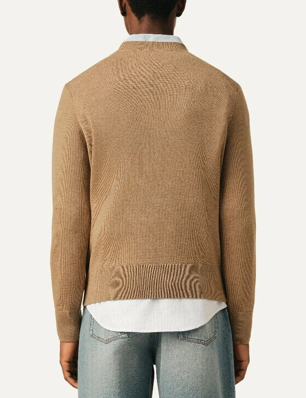 AMI Paris men beige wool crewneck sweater with black Ami de Coeur embroidery back