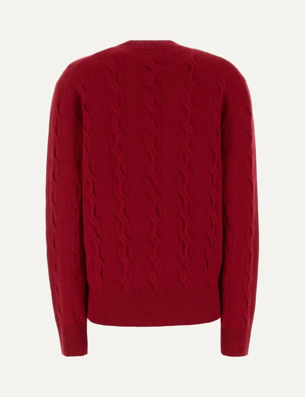 AMI Paris men ruby red cable knit crewneck sweater with tonal Ami de Coeur logo back