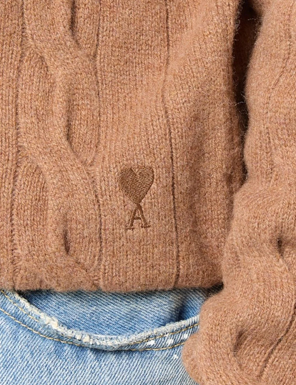 AMI Paris men beige cable knit crewneck sweater with tonal Ami de Coeur logo detail