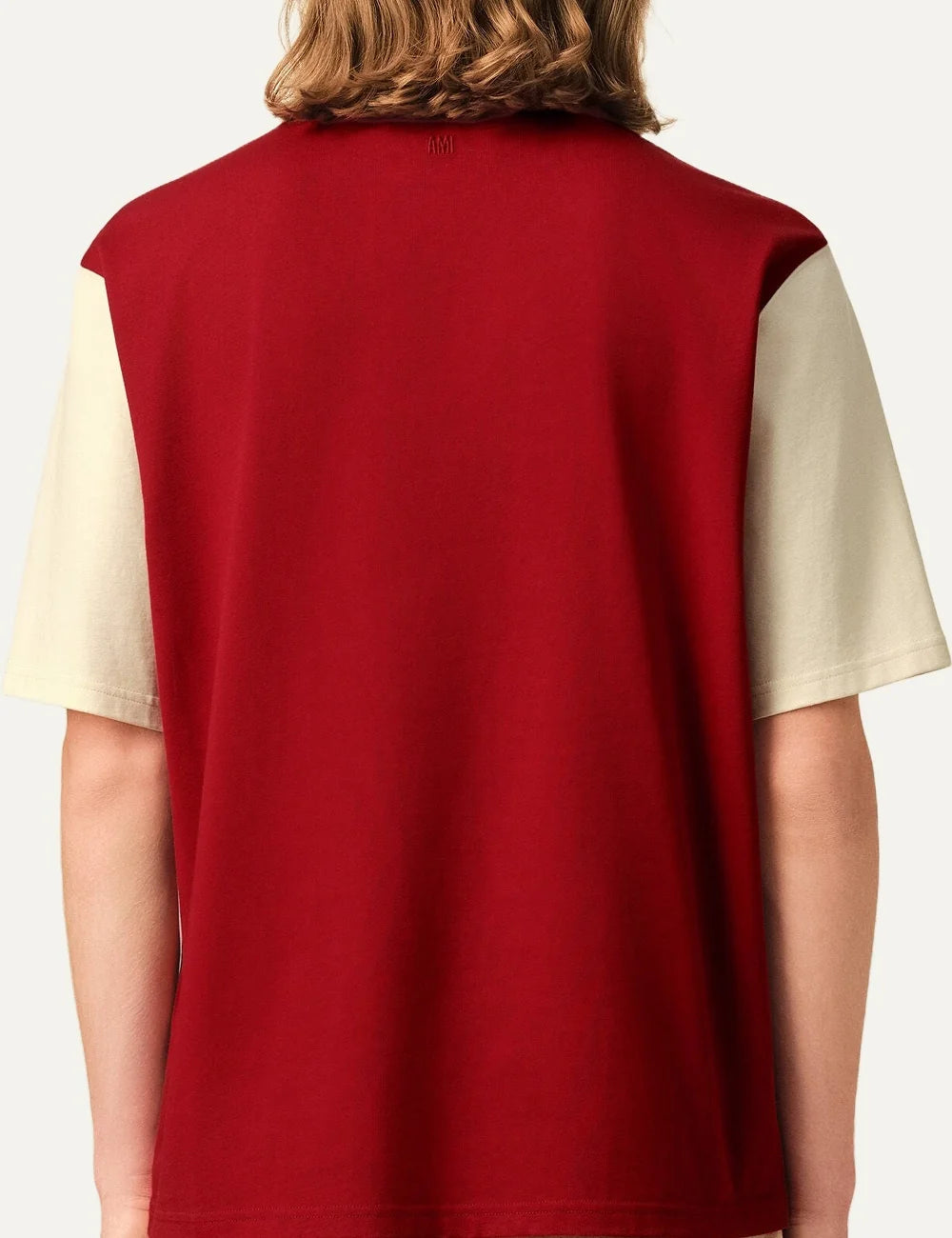 AMI Paris men red and ecru T-shirt with AMI Paris felt logo embroidery back