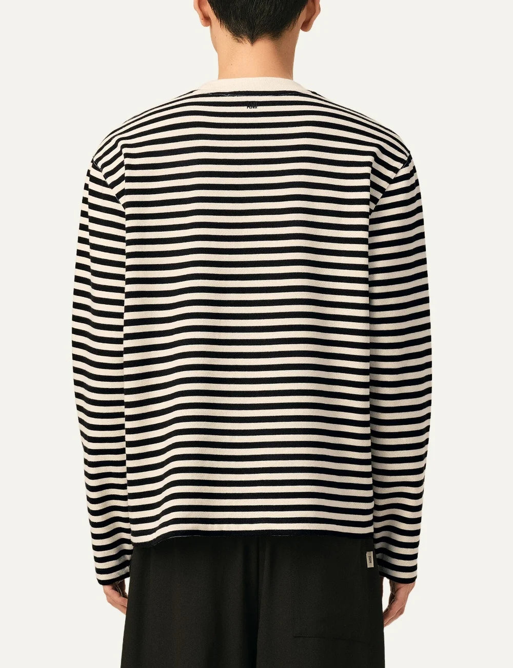 Ami Paris unisex cream and black striped long sleeve cotton T-shirt with a crew neck and black Ami de Coeur chest embroidery back