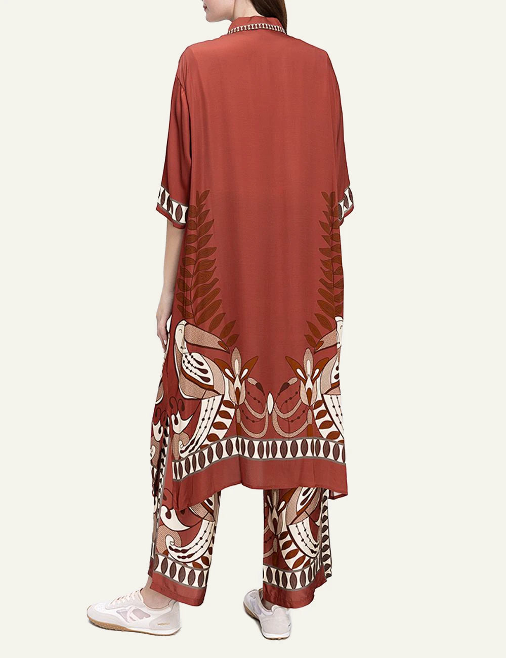 Anonyme maxi dress boho ethnic print brown red loose fit back model view