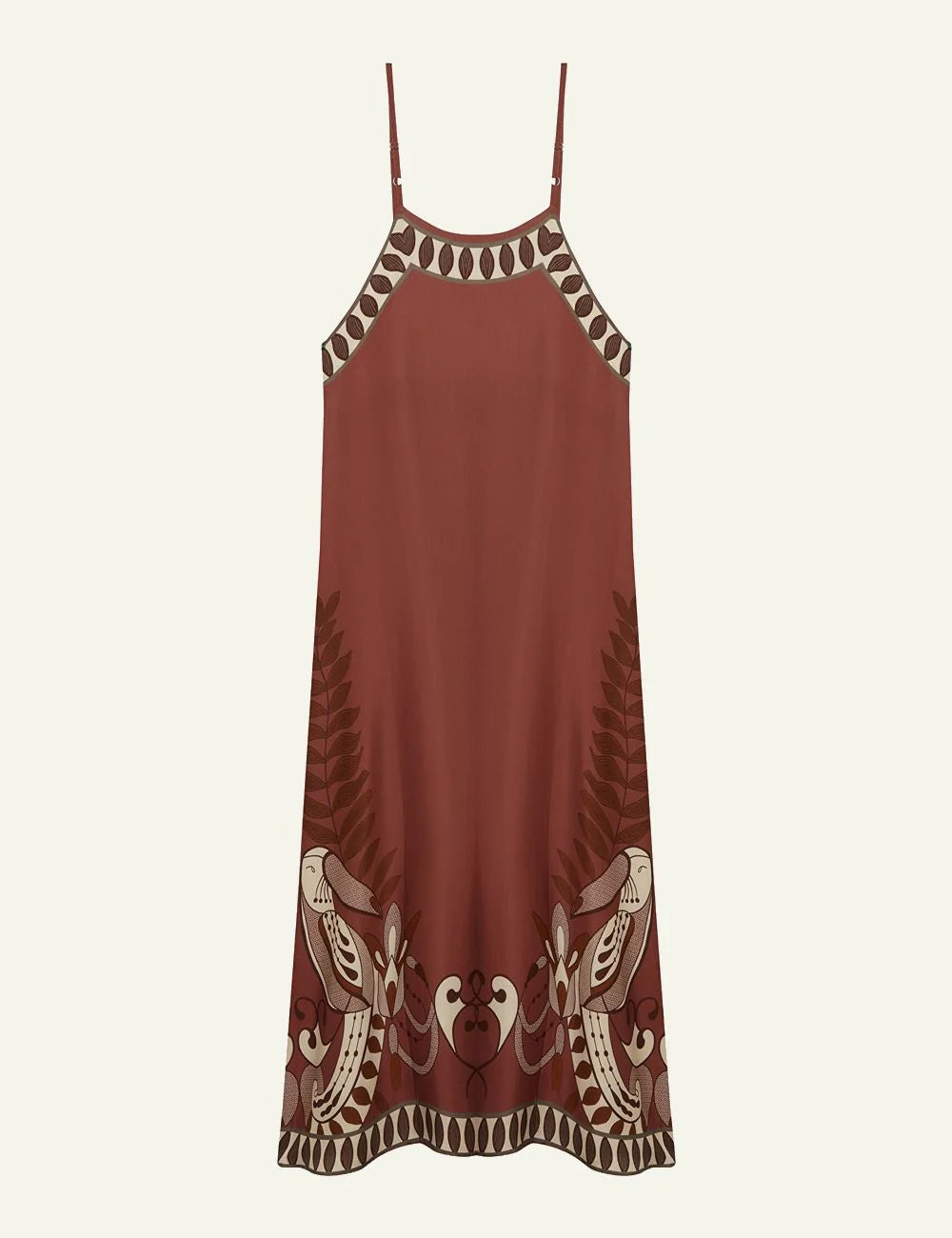 Anonyme midi dress boho ethnic print brown spaghetti straps back view