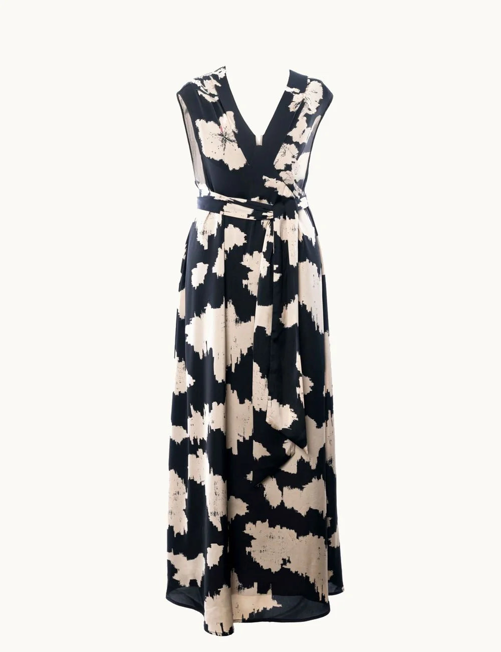 Anonyme midi dress black beige abstract print V neck sleeveless front flat view