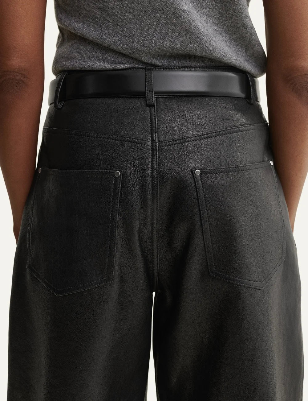 ARMA women's black sheep leather barrel leg trousers back