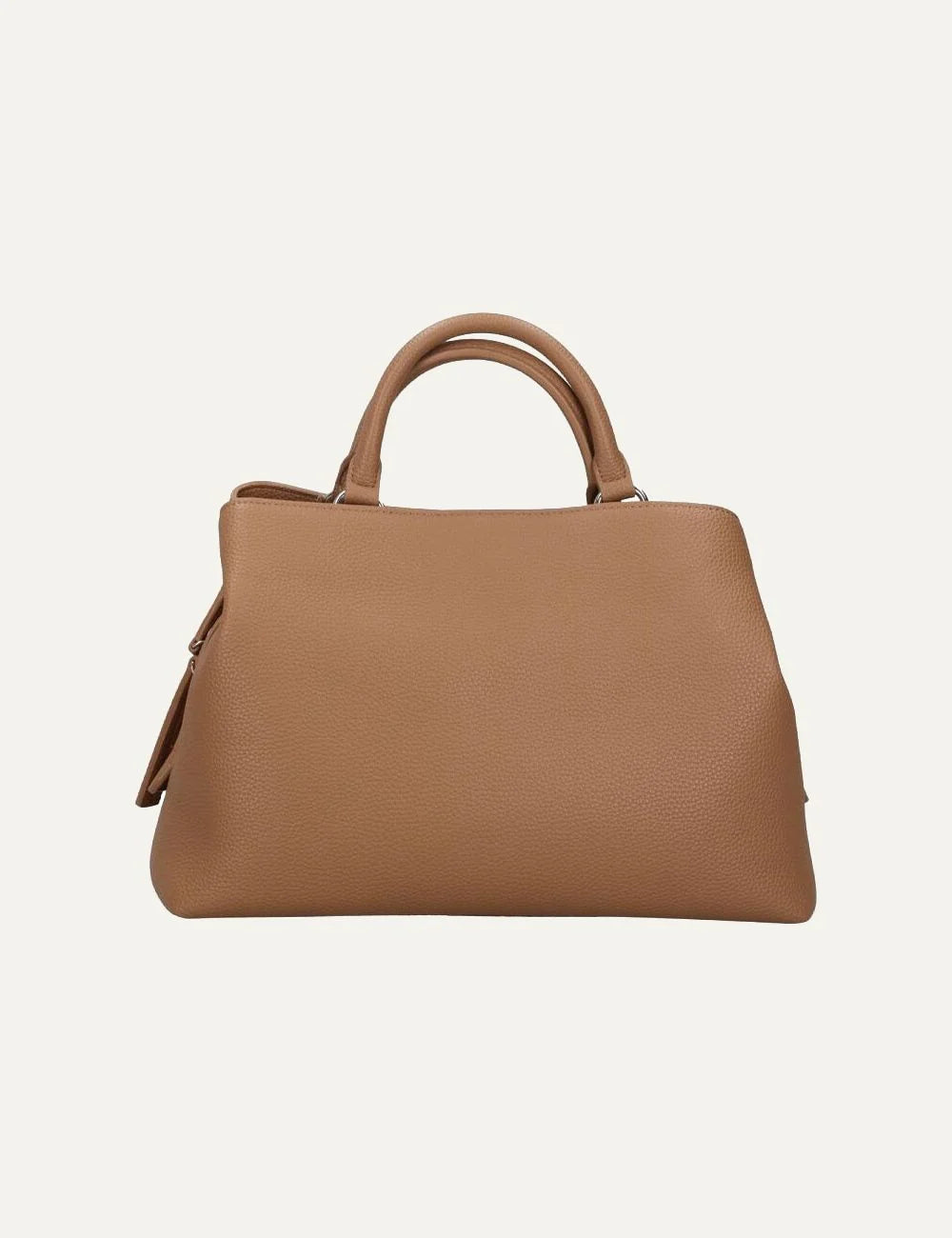 Armani Exchange women's brown Nicole L handbag with textured finish, double top handles, front flap pocket and silver AX logo back