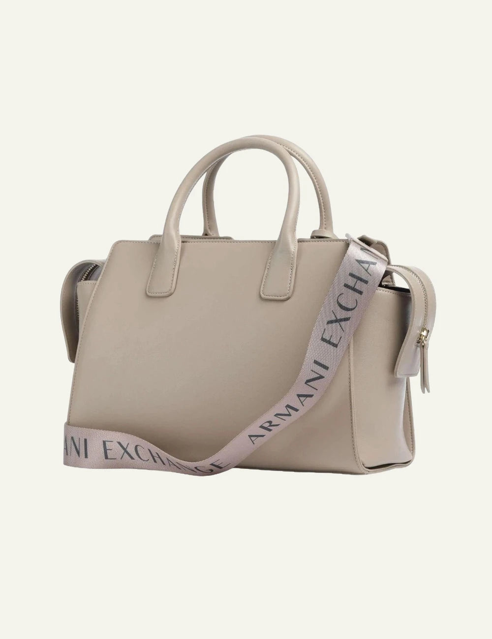 armani exchange beige top handle bag with logo strap back view