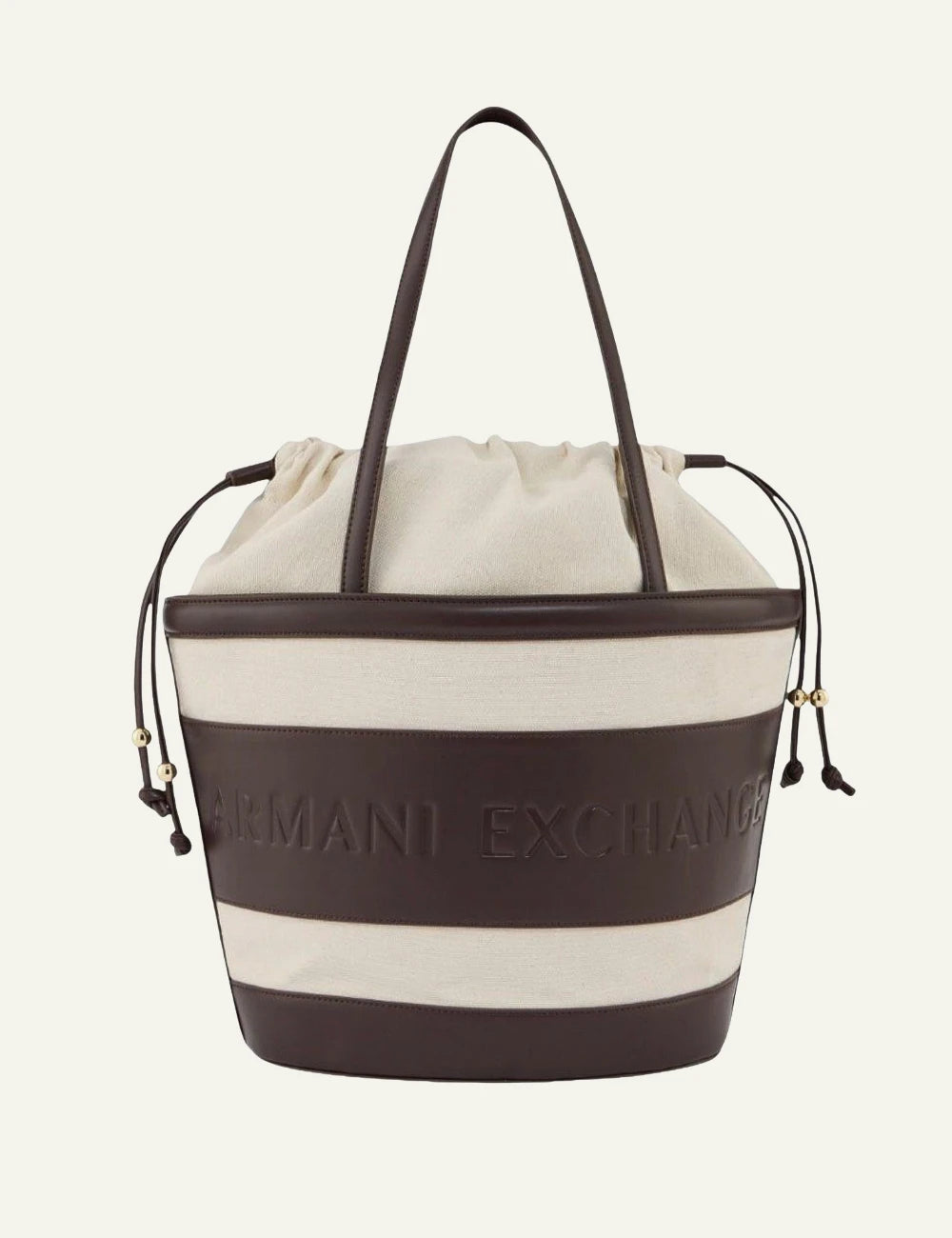 armani exchange canvas bucket bag beige and dark brown back view