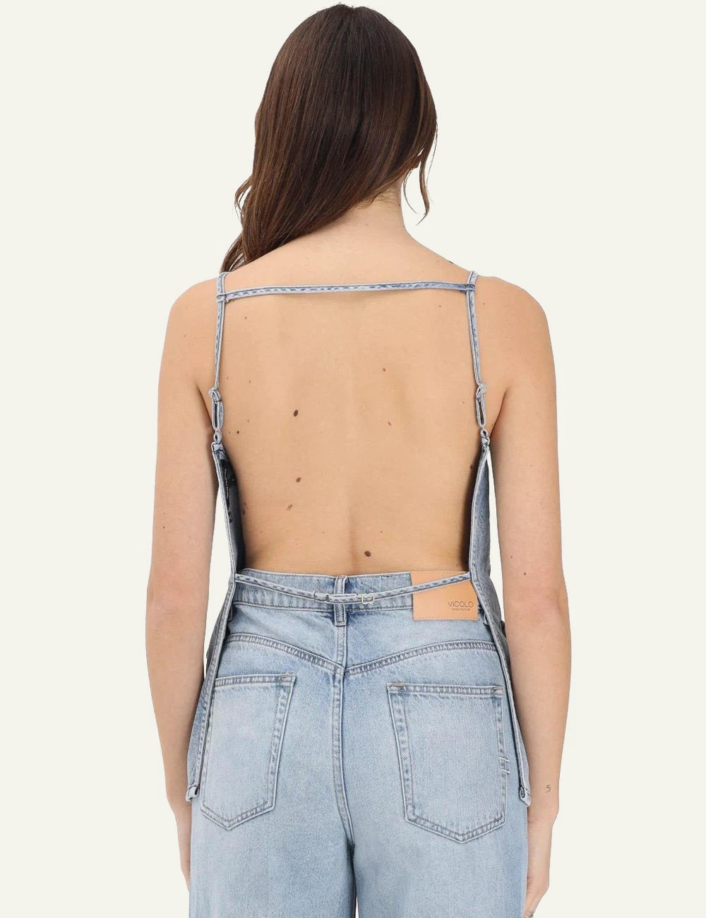Armani Exchange denim top spaghetti straps back model view