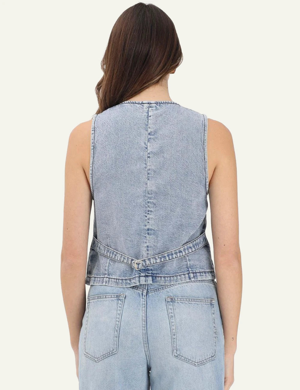 Armani Exchange light blue denim vest gold buttons back model view