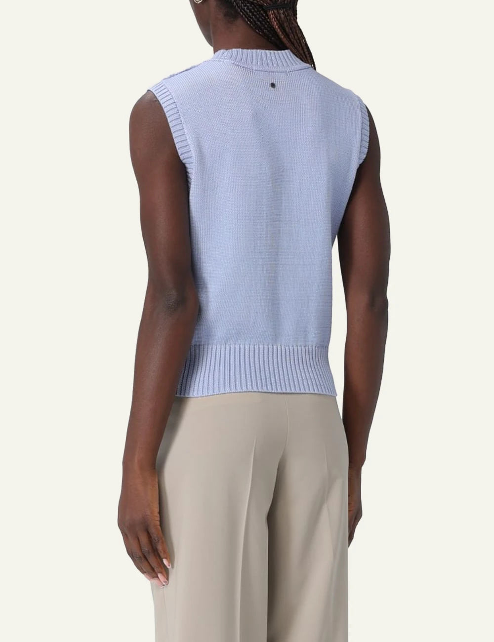 Armani Exchange light blue sleeveless knit top mesh detail back model view