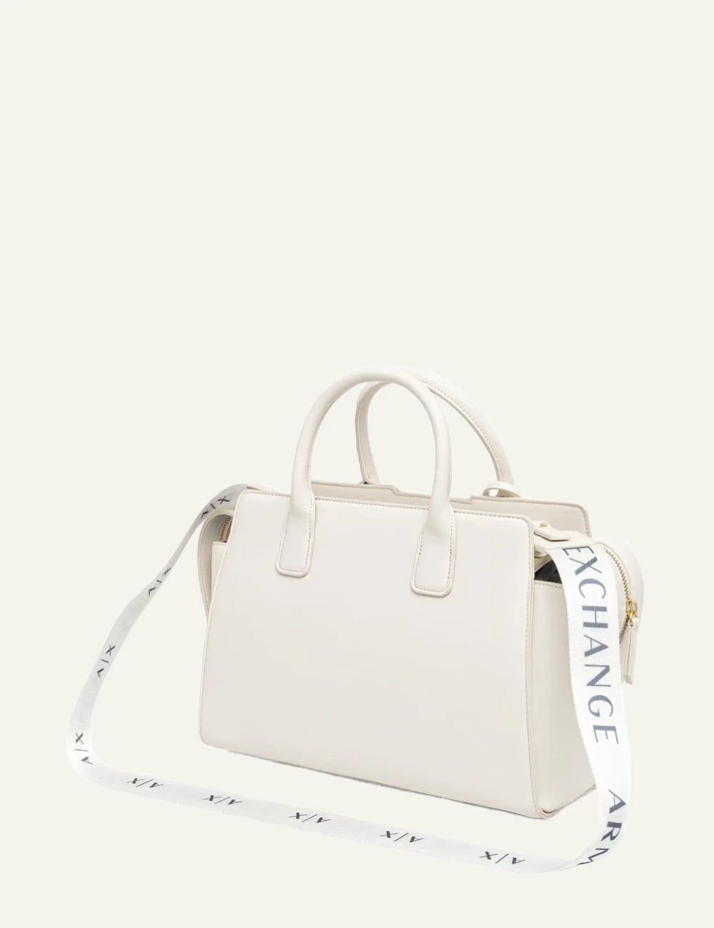armani exchange off white top handle bag with logo strap back view