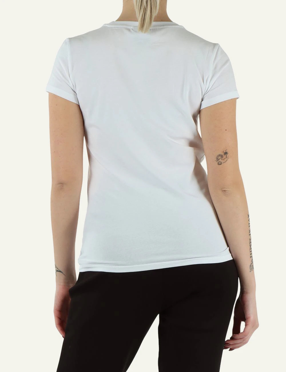 Armani Exchange white t-shirt rhinestone logo back model view