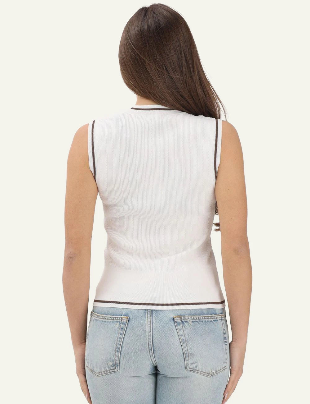 Armani Exchange ribbed sleeveless top white brown trim back model view