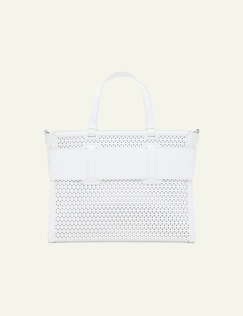 Armani Exchange tote bag white perforated logo buckle top view
