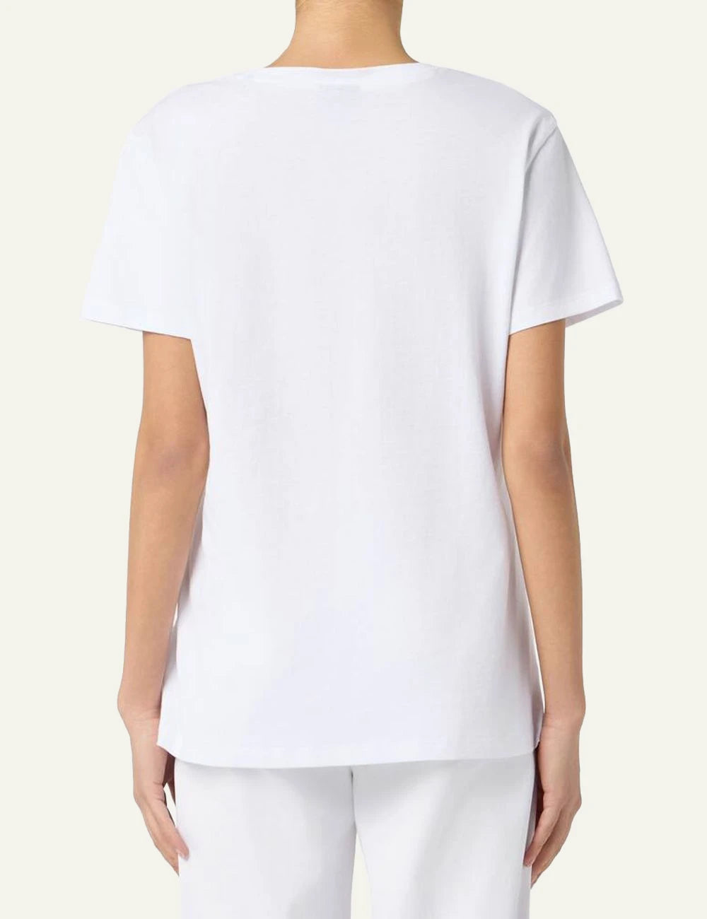 Armani Exchange white v-neck t-shirt rhinestone A logo front back view