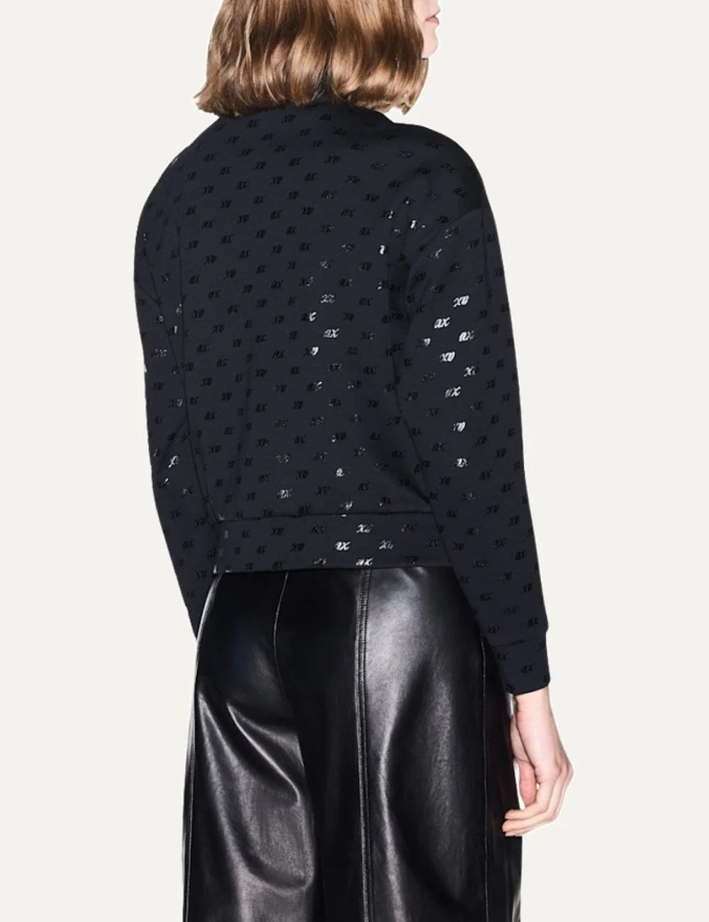 Armani Exchange women's black zip-up jacket with all-over tonal A|X logo pattern, stand collar and silver-tone zipper back
