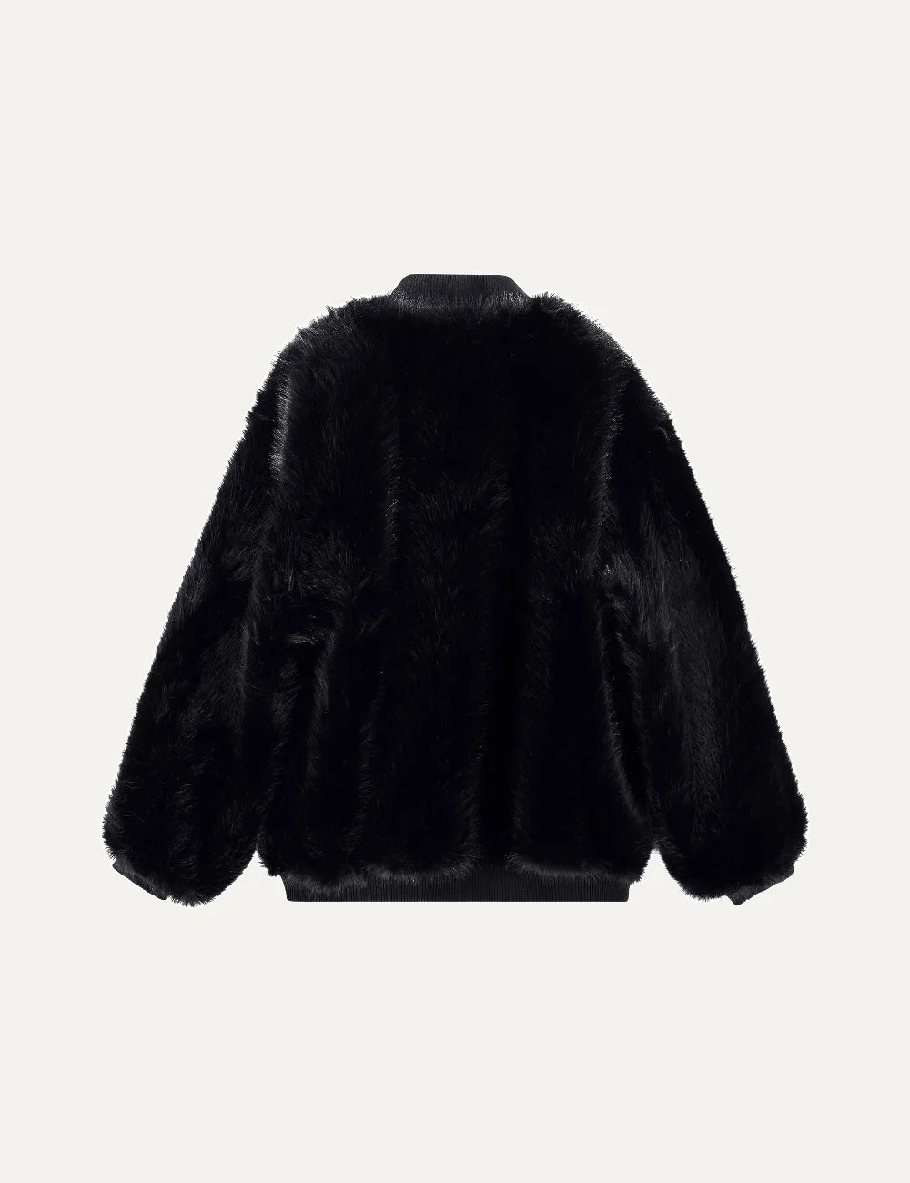 Women's Armani Exchange black faux fur bomber jacket with ribbed collar, long sleeves and front zip closure back
