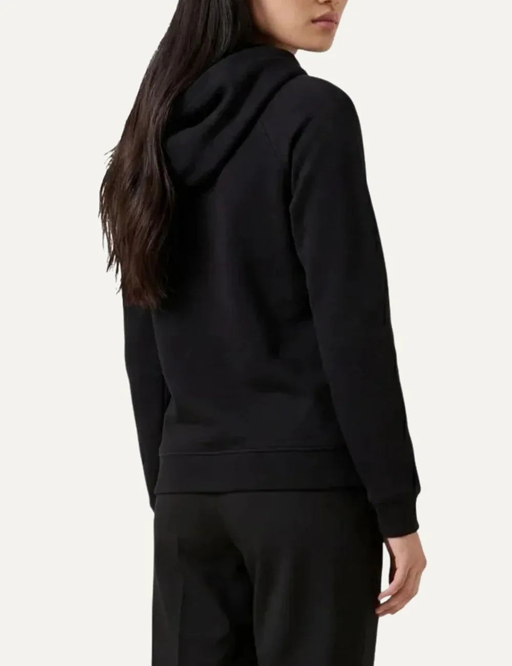 Armani Exchange women's black zip-up hoodie with drawstring hood, raglan sleeves, side pockets and tonal AX chest logo side
