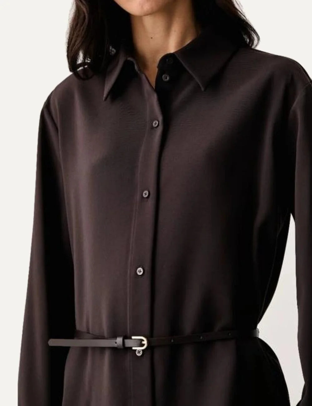 Armani Exchange women's dark brown long sleeve shirt with pointed collar, front button fastening and slim waist belt detail