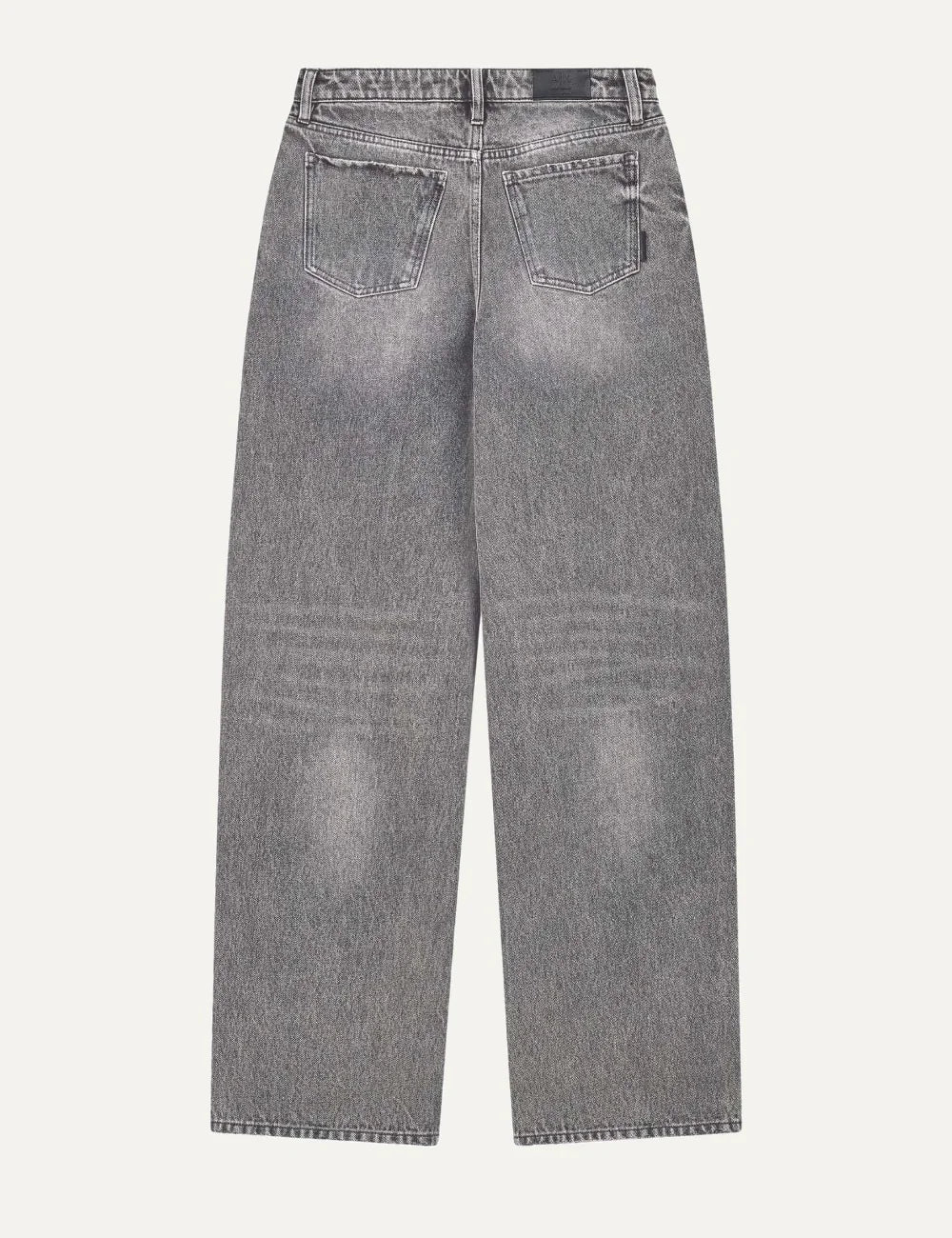 Armani Exchange women's grey wide leg jeans with high waist, faded wash and allover rhinestone embellishments.