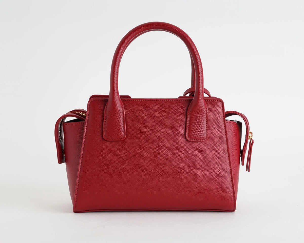 Armani Exchange women's red faux leather handbag with double top handles, detachable shoulder strap and gold-tone AX logo back