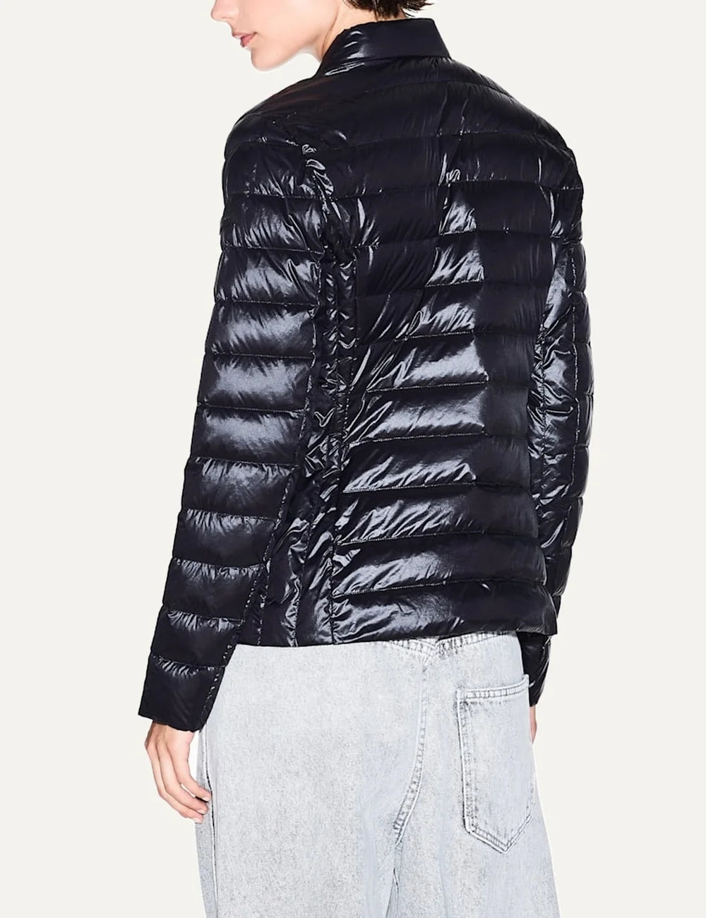 Women's Armani Exchange black quilted down jacket with high collar, front zip closure and zippered side pockets back