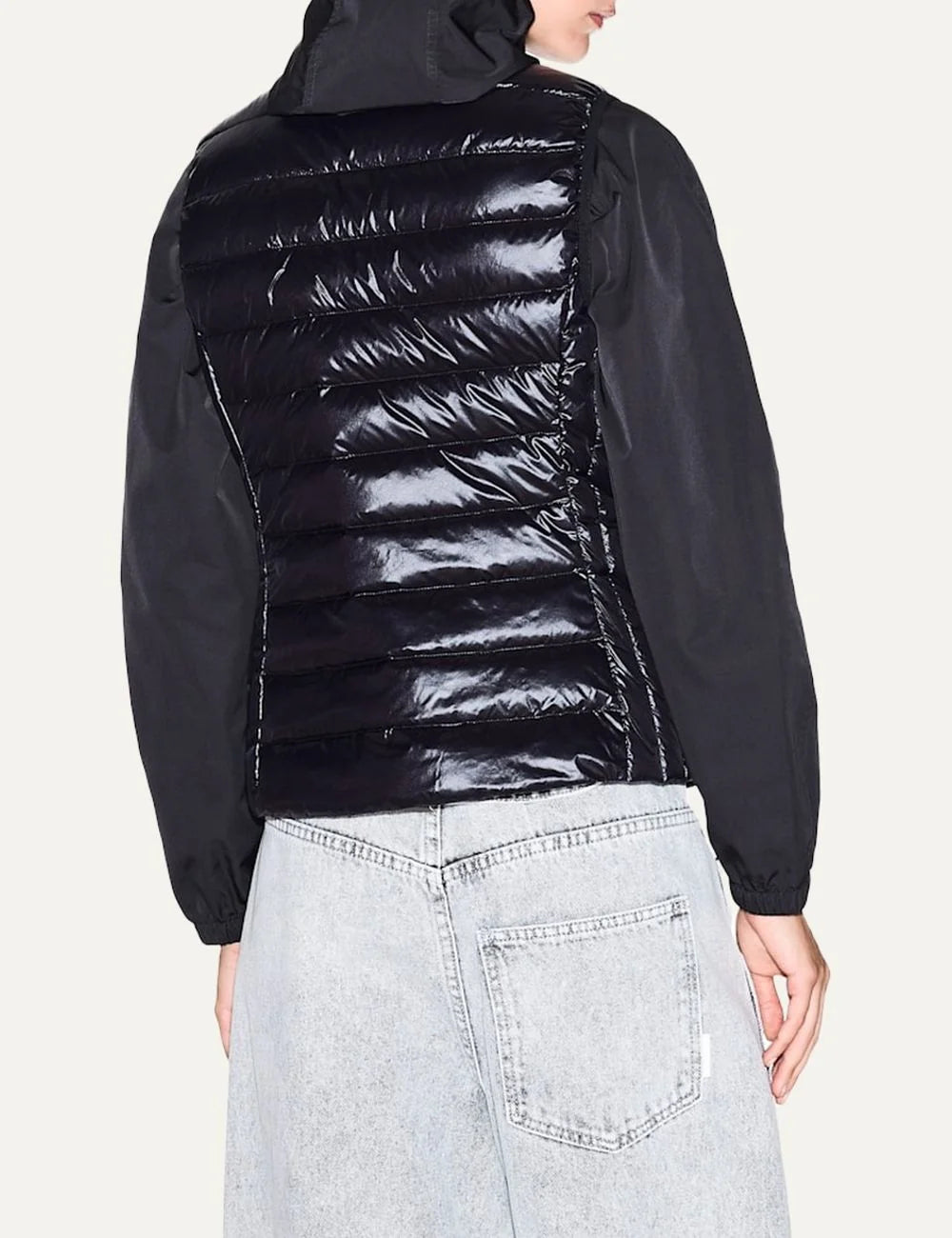 Women's Armani Exchange black quilted down vest with high collar, front zip closure and zippered side pockets back