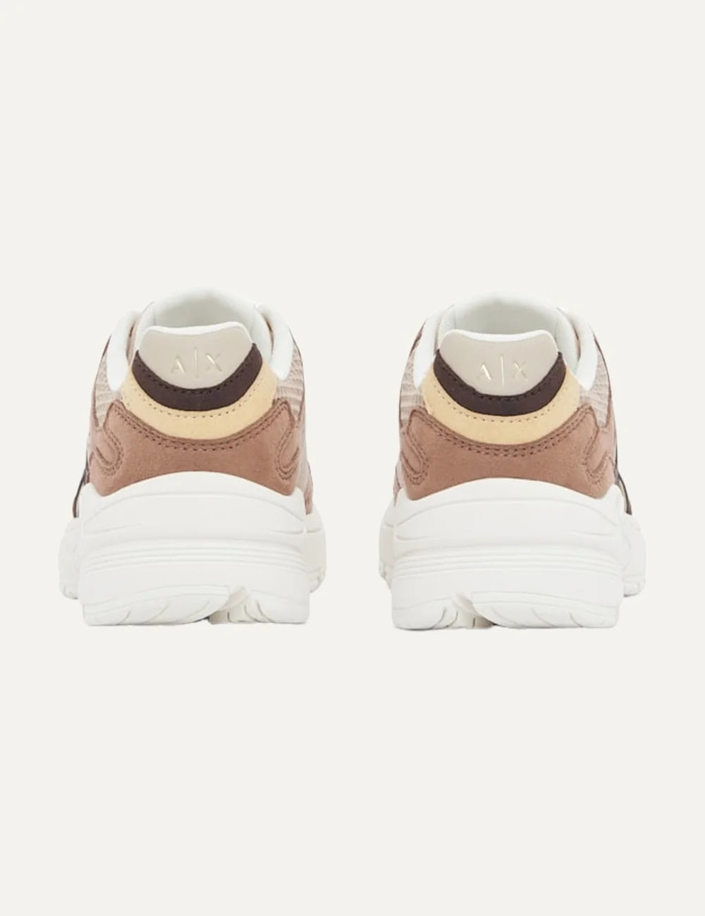 Women's Armani Exchange beige and brown multi-material sneakers with mesh panels, metallic A|X logo, reflective details and chunky white rubber sole back