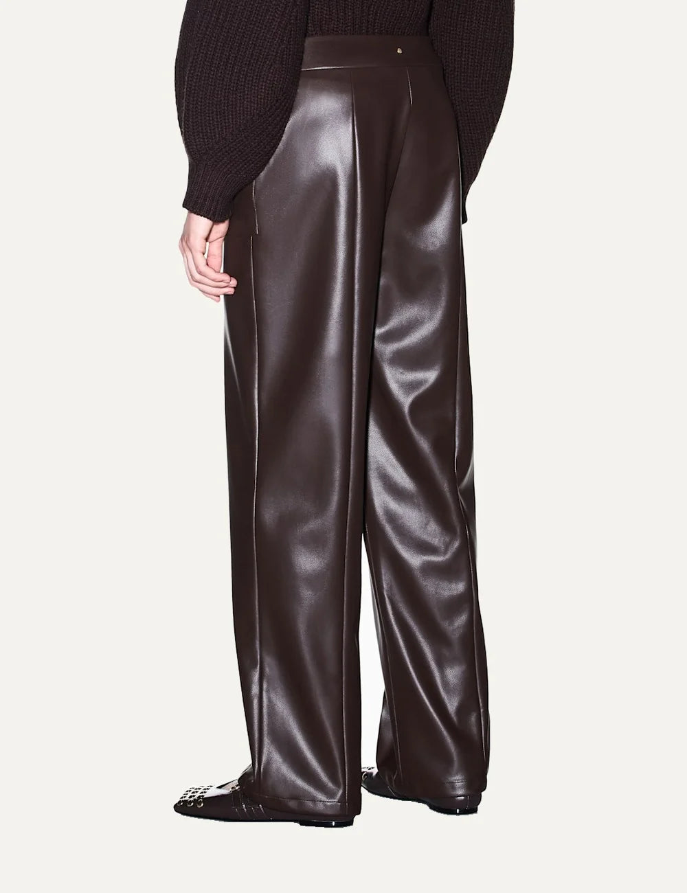 Women's Armani Exchange dark brown coated wide-leg trousers with high waist and utility patch pockets back