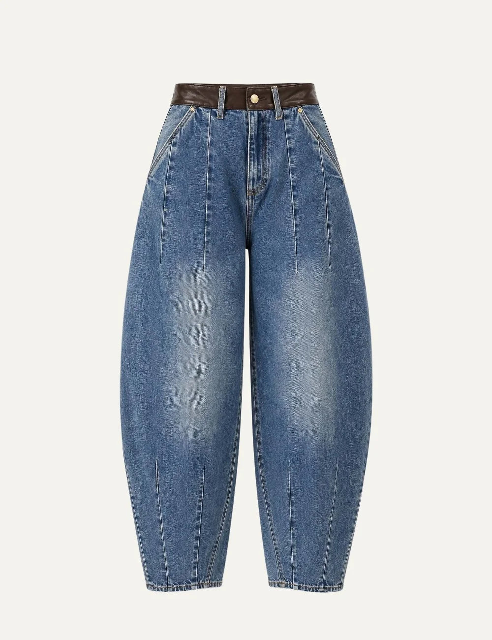 Women's Armani Exchange blue denim balloon-fit jeans with high waist, brown leather-look waistband and faded details