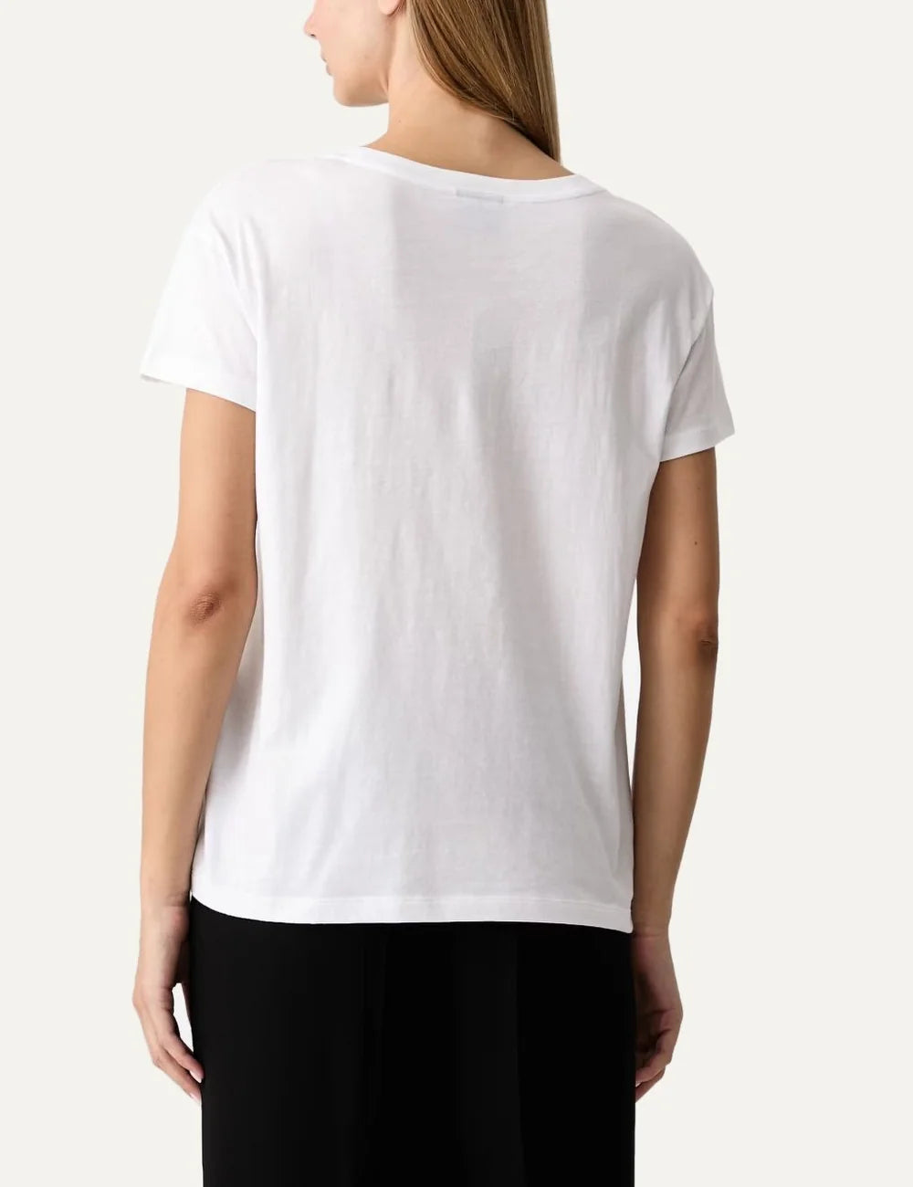 Women's Armani Exchange white cotton T-shirt with crew neck, short sleeves and crystal-embellished A|X logo back