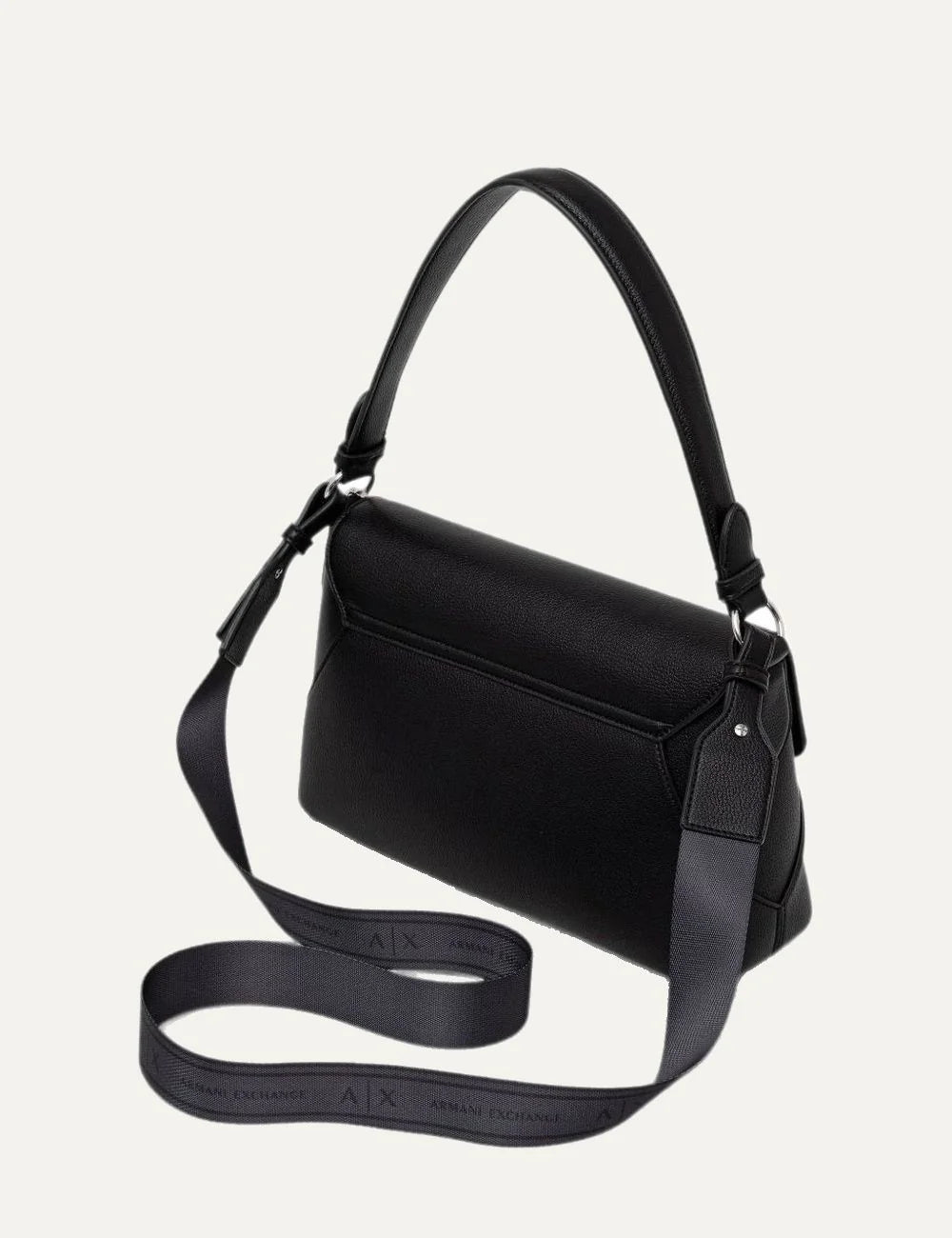 Women's Armani Exchange black shoulder bag with pebbled texture, foldover flap, silver-tone A|X logo, top handle and detachable shoulder strap back