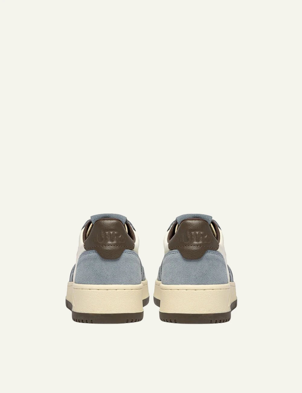 Autry women’s white leather sneakers with light blue suede and brown details back