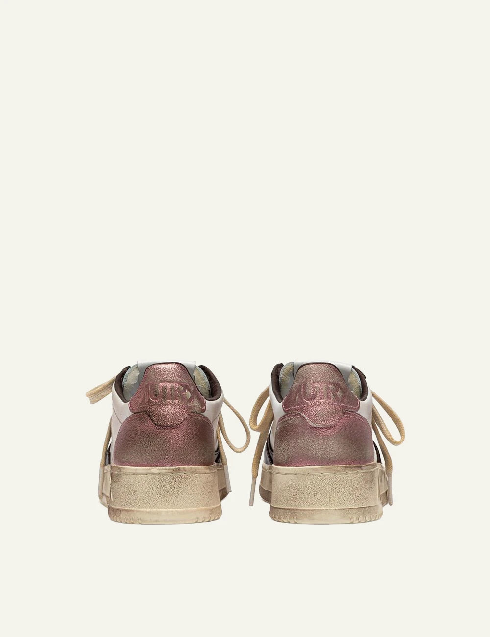 Autry women’s white leather sneakers with pink and dark brown vintage details back