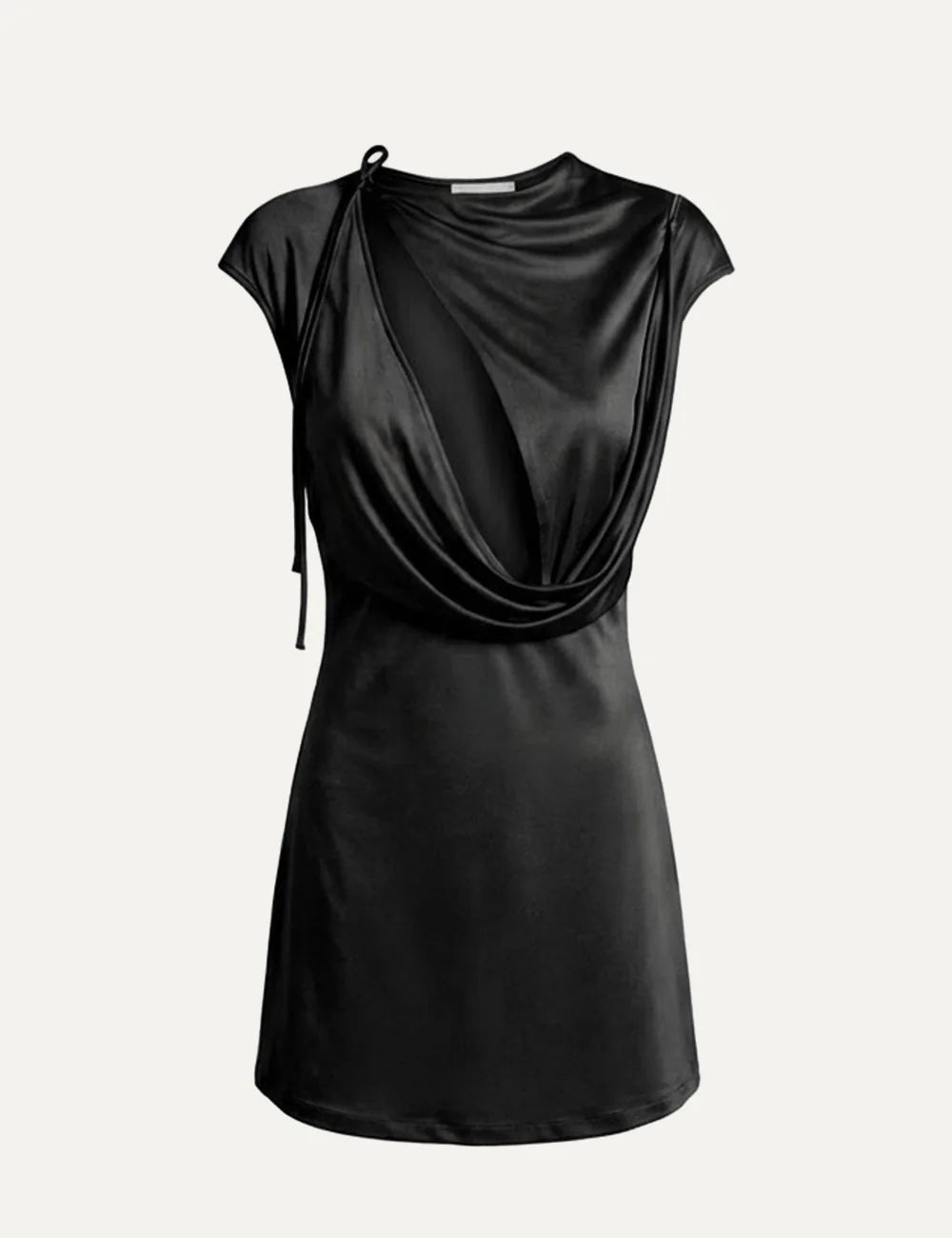 Women's Aya Muse black viscose mini dress with draped front, asymmetrical cut-out, boat neckline and softly flared skirt