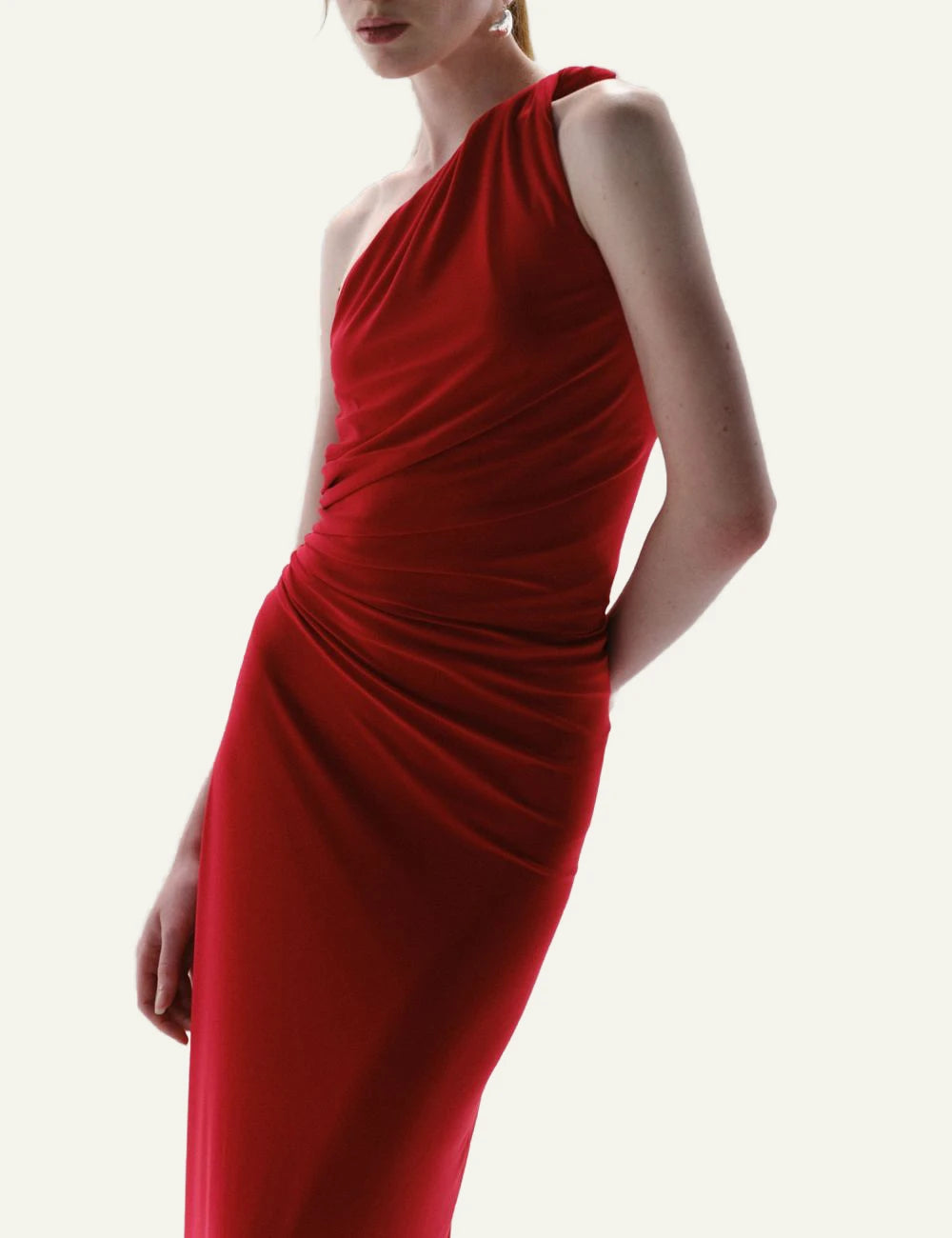 Baobab Celele maxi dress rojo inti one shoulder ruched side view