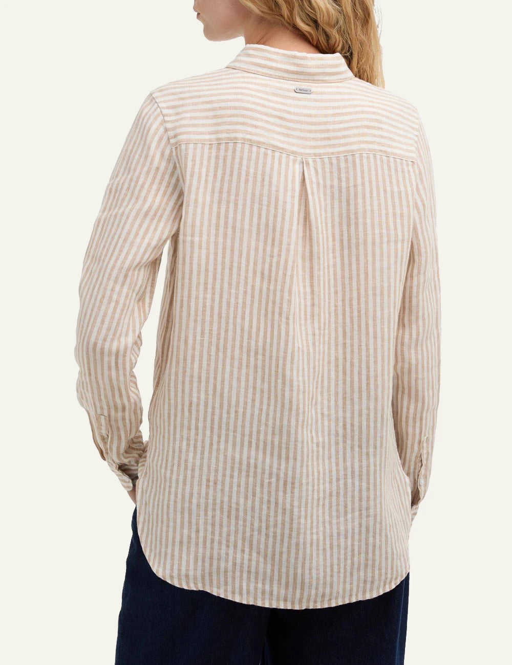 barbour marine linen shirt pink striped relaxed fit long sleeve back view