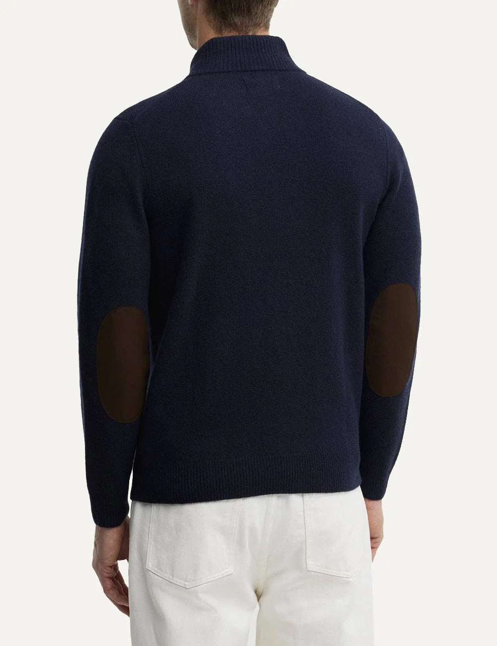 Barbour men's dark navy wool funnel neck jumper with leather elbow patches back