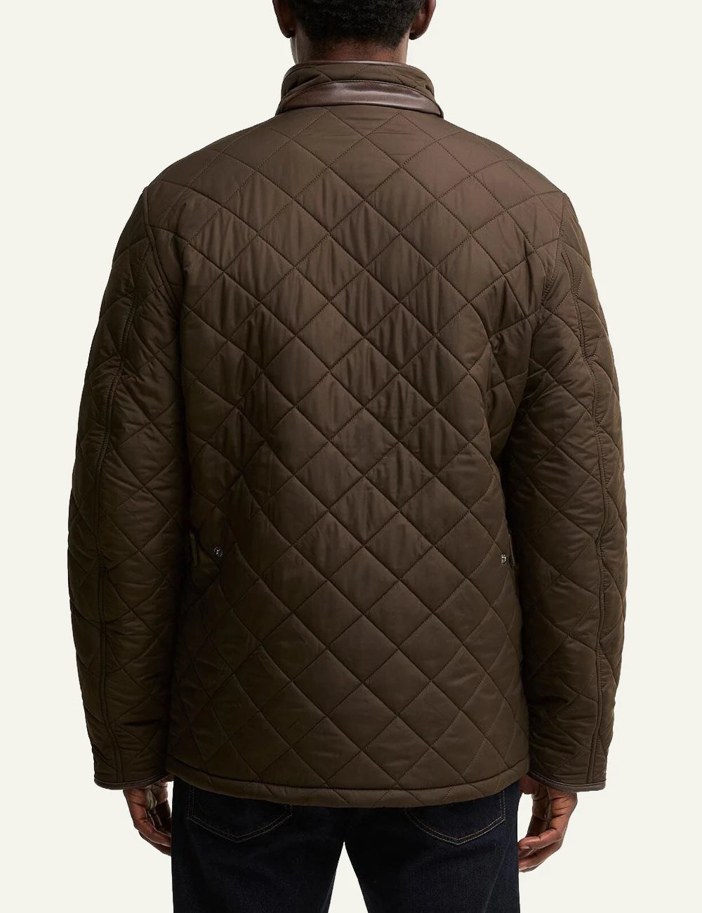 Men's Barbour dark olive quilted jacket with fleece lining and funnel collar back