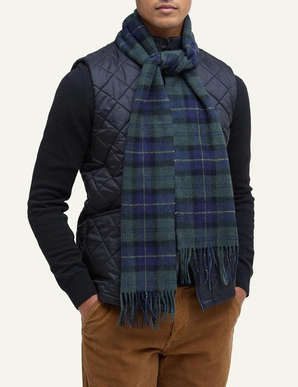Barbour men's green and navy tartan lambswool scarf