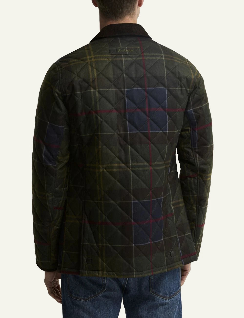 Men's Barbour green tartan quilted jacket with brown corduroy collar back
