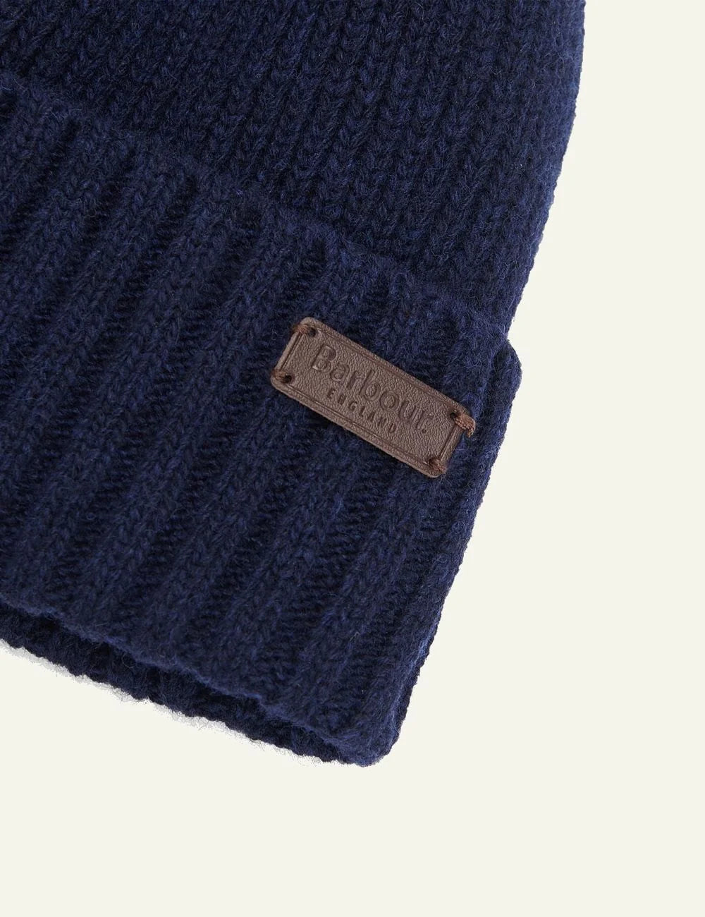 Men's Barbour navy wool-blend knitted beanie with leather logo patch detail
