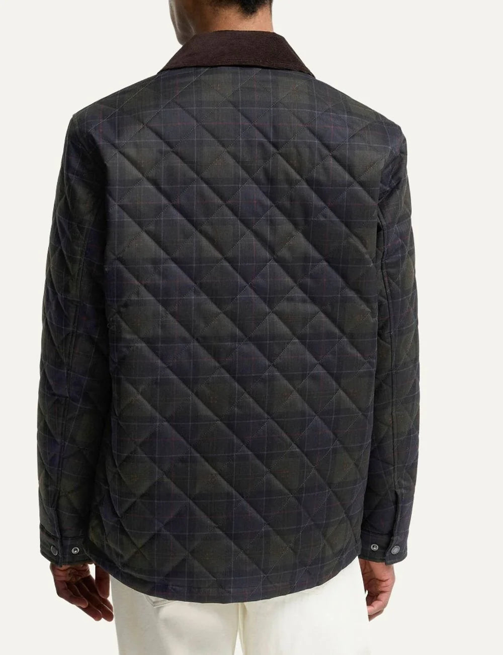 Barbour men's quilted tartan jacket with corduroy collar and stud fastening back