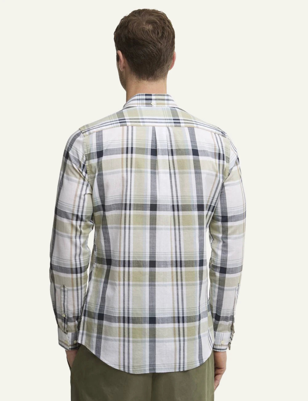 barbour plaid button down shirt green beige back model view