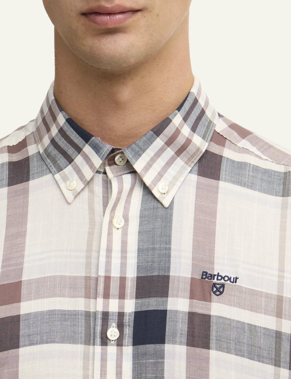 barbour plaid button down shirt white navy red detail view
